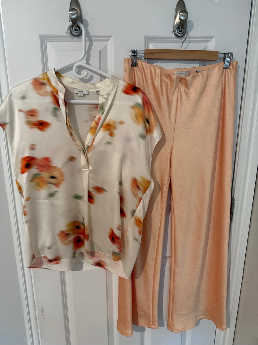 Vince Cream Floral Silk Top with Peach Satin Pants